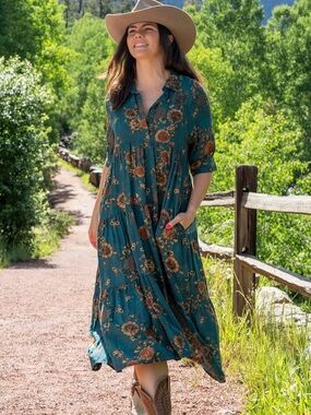 🔘NATURAL LIFE “Rebecca” Midi Dress in “Teal / Orange Clusters”